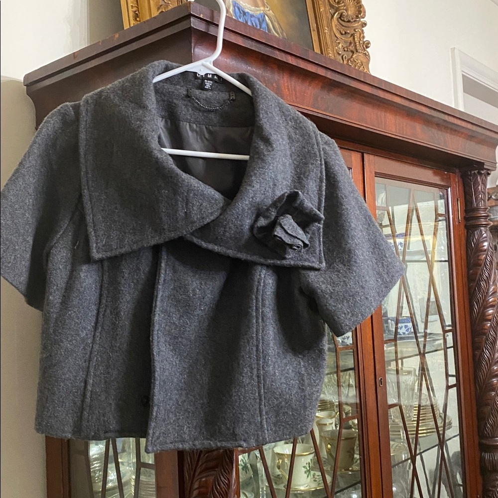 Gray Wool Blend Cropped Jacket with Flower Accent